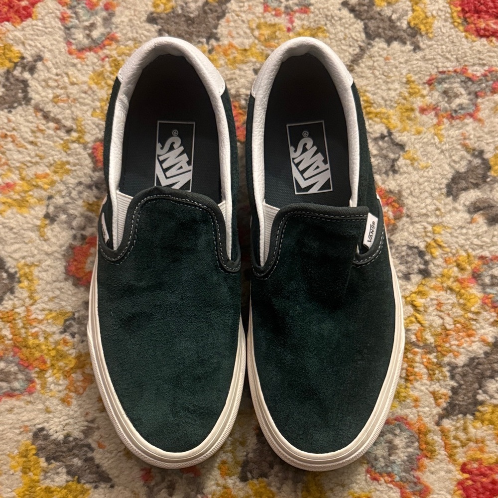 Vans Dark Green and White Slip-On Sneakers